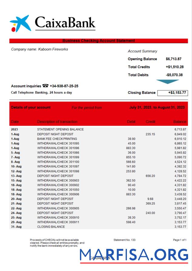 Realistic CAIXABANK company bank statement Word and PDF template